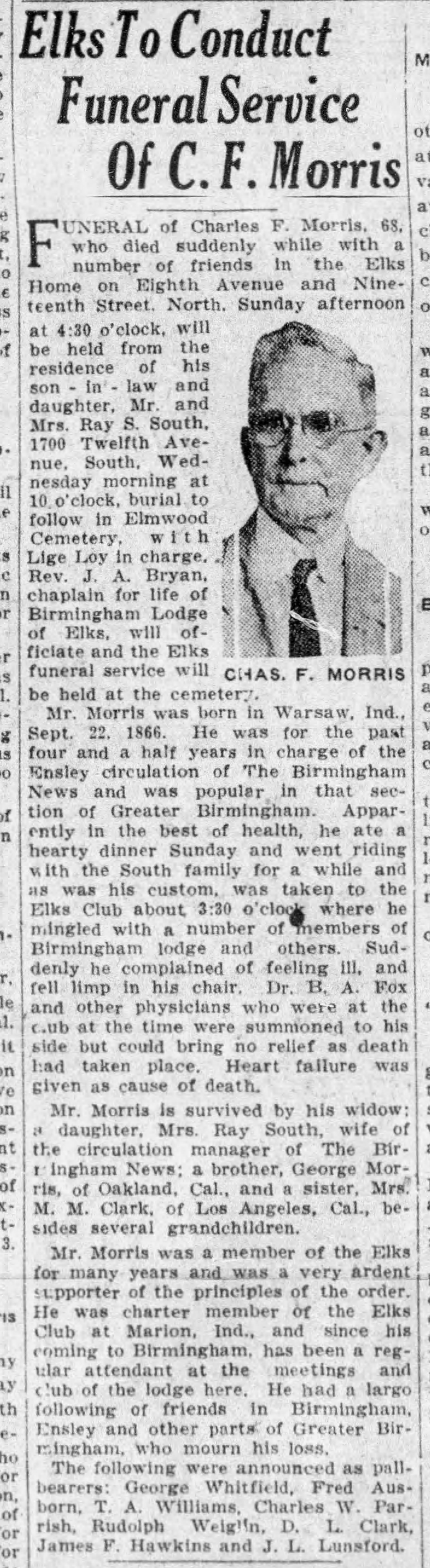 Elks to Conduct Funeral Services of C.F. Morris